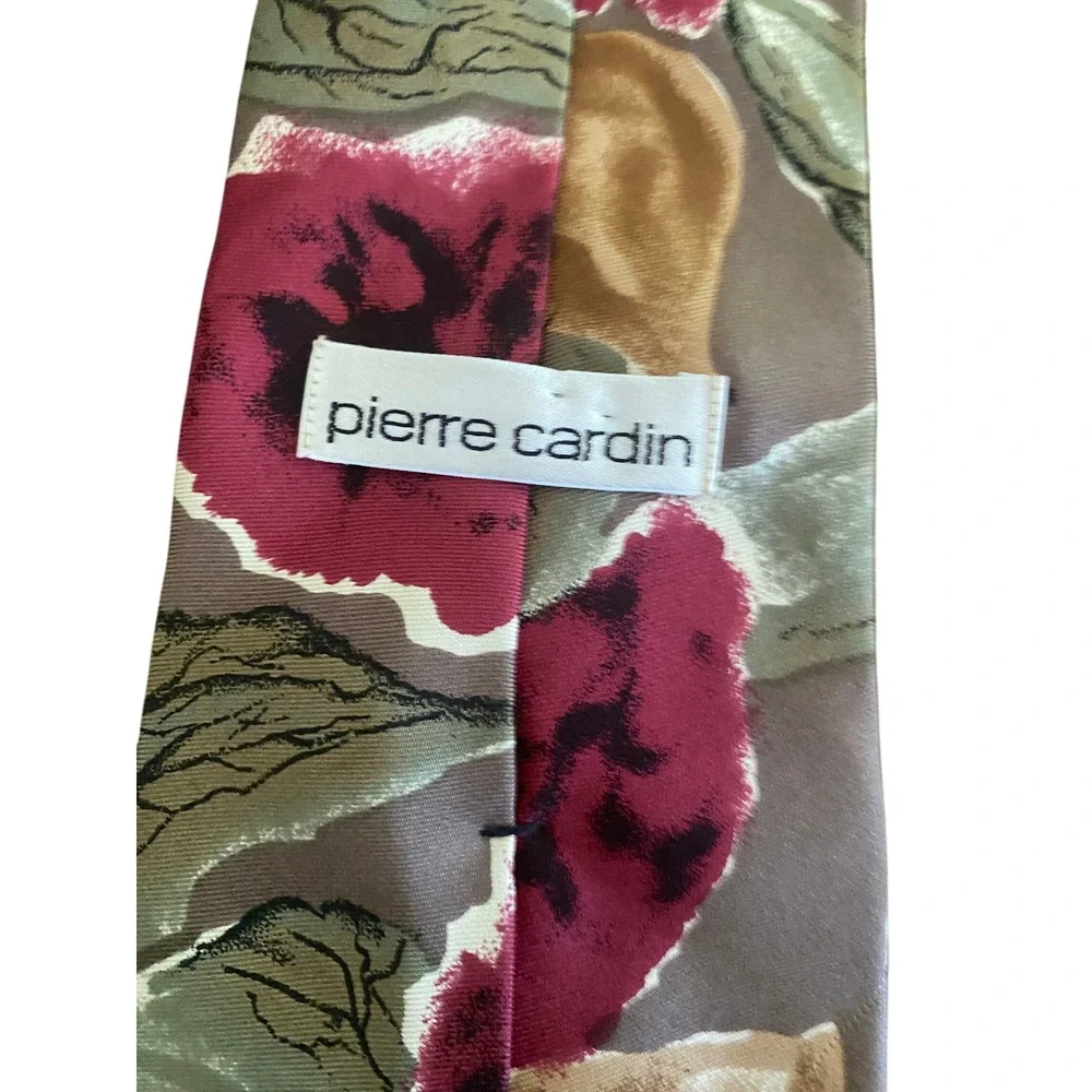 Pierre Cardin Mens Silk Necktie Floral Fruit Botanical Burgundy Tan Green‎ VTG